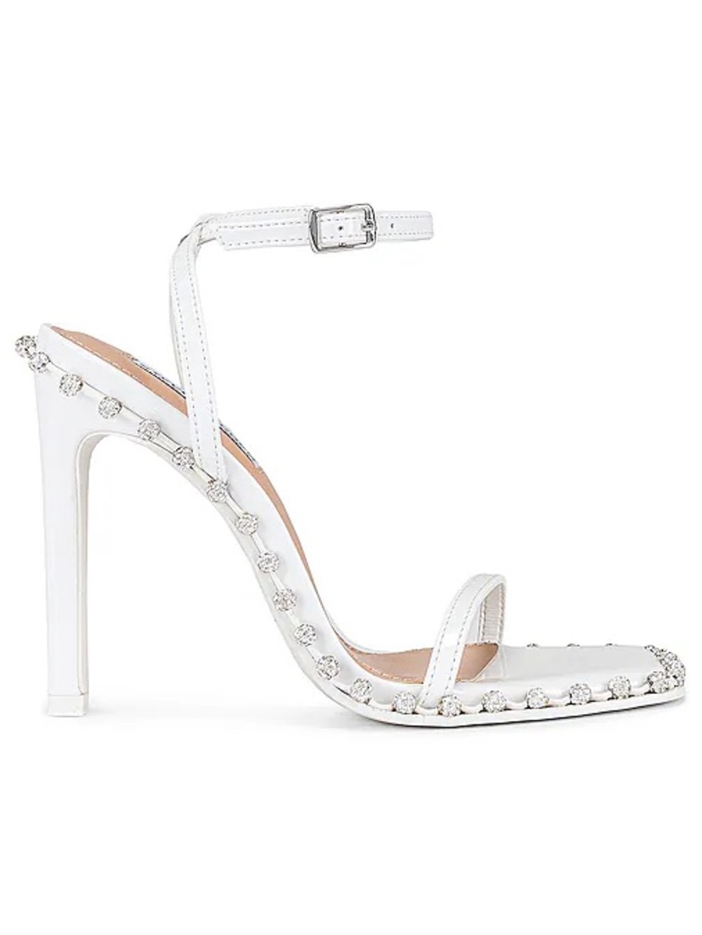 Steve Madden Zelle white stiletto sandals rhinestone embellishments square-toe